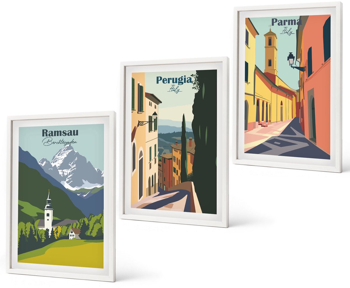 Coloray 3-Delige Schilderij Set - Berglandschappen En Straten Van Italiaanse Steden - 40 x 60 - Decoratieve Schilderijen - Woonkamer - Interieur - Woonkamer Decoratie