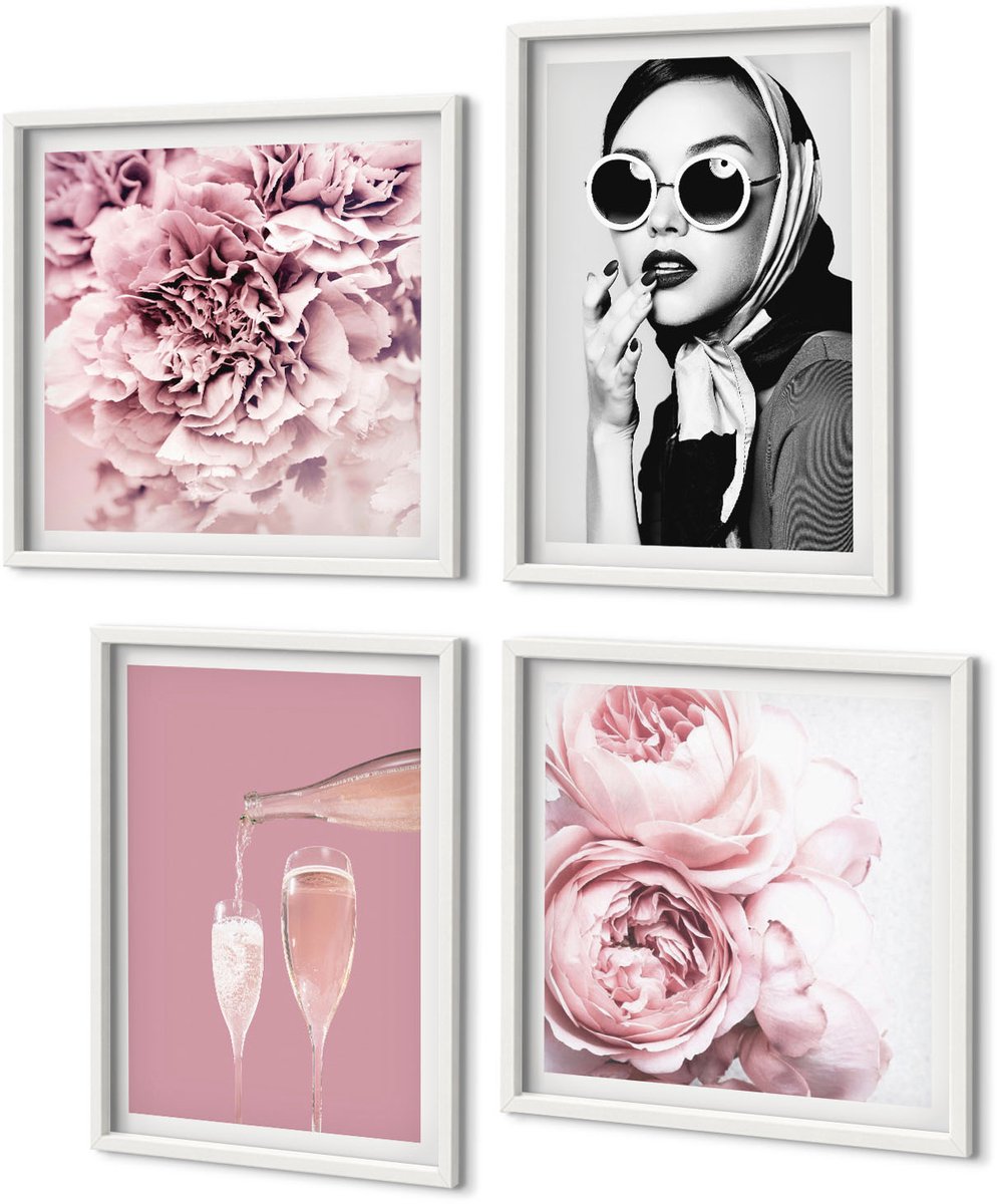 Coloray 4-Delige Schilderij Set - Bloemen, Pioenrozen, Rozen, Champagne En Een Elegante Vrouw - 40 x 40 En 40 x 60 - Wanddecoratie - Moderne Interieurdecoratie - Woonkamer Decoratie
