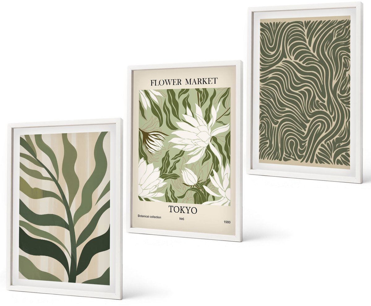 Coloray 3-Delige Schilderij Set - Plantenpatronen, Botanische Decoraties, Boho-Stijl - 40 x 60 - Muurdecoratie - Wanddecoratie - Slaapkamer - Interieur Decoratie