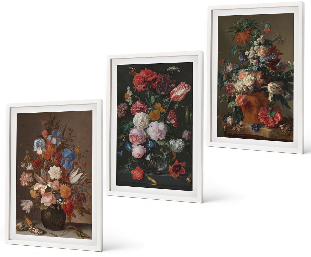 Coloray 3-Delige Schilderij Set - Bloemen In Vazen: Diverse Vintage Plantencomposities - 40 x 60 - Moderne Wanddecoratie - Slaapkamer - Stijlvolle Muurdecoratie