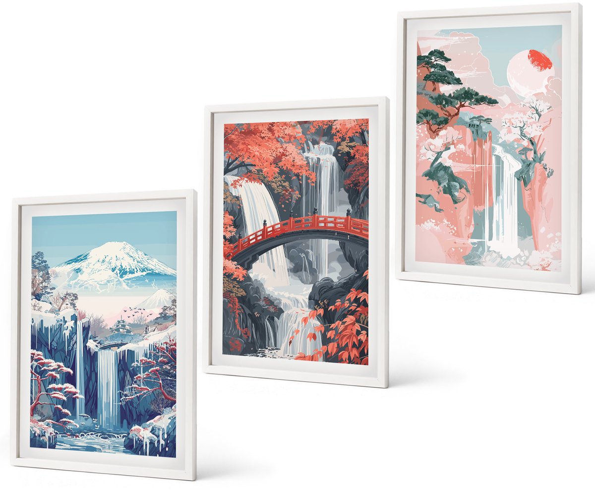 Coloray 3-Delige Schilderij Set - Watervallen, Bergen Met Een Brug En Bloeiende Bomen - 40 x 60 - Decoratieve Schilderijen - Woonkamer - Interieur - Interieur Decoratie