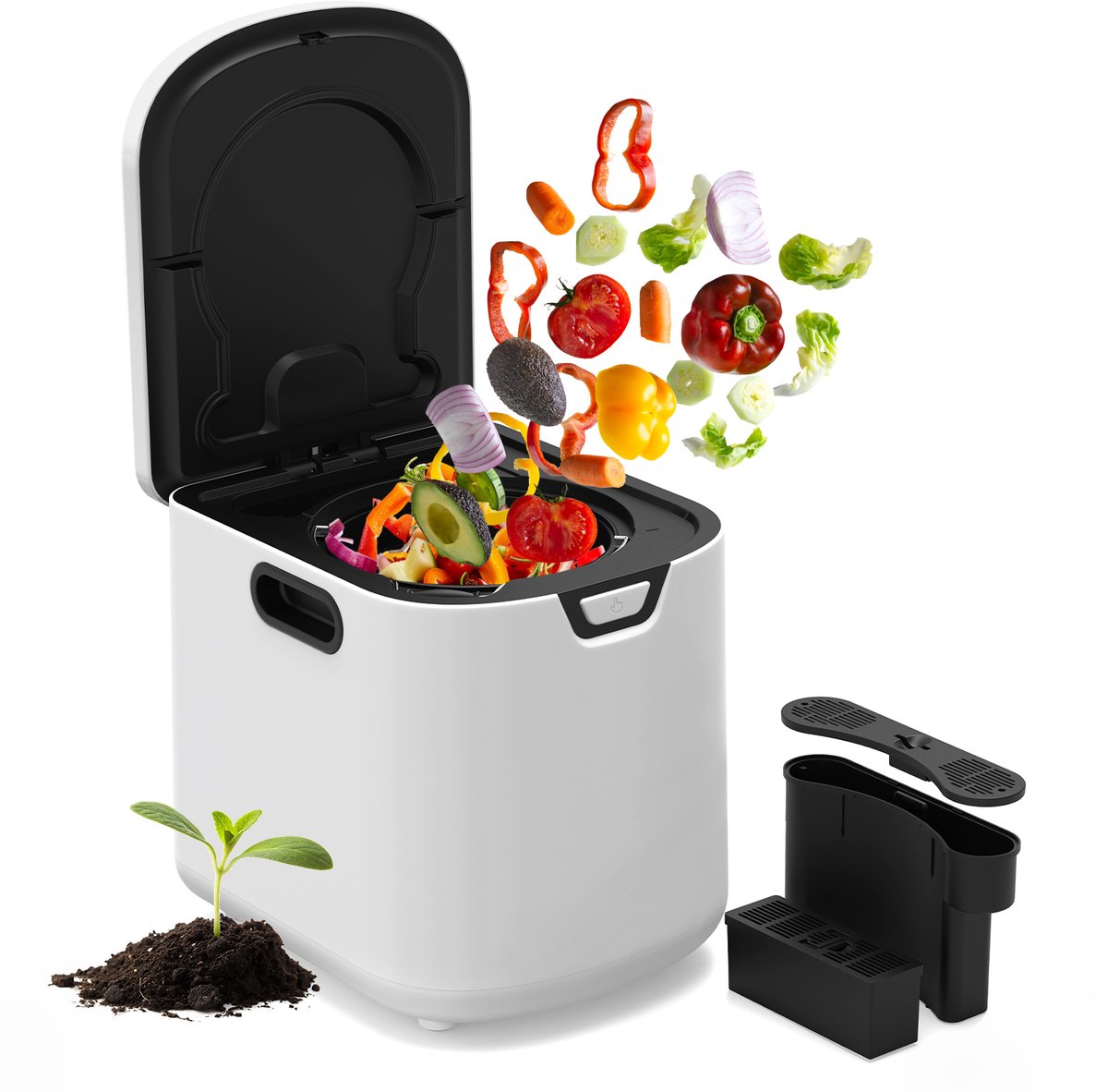 Puluomis - Compostmachine - Elektrische Compostbak – Slimme Keukencomposteerder – Inclusief 2 geurloze koolstoffilters en 3 volumemodi – 4.2 L - Wit