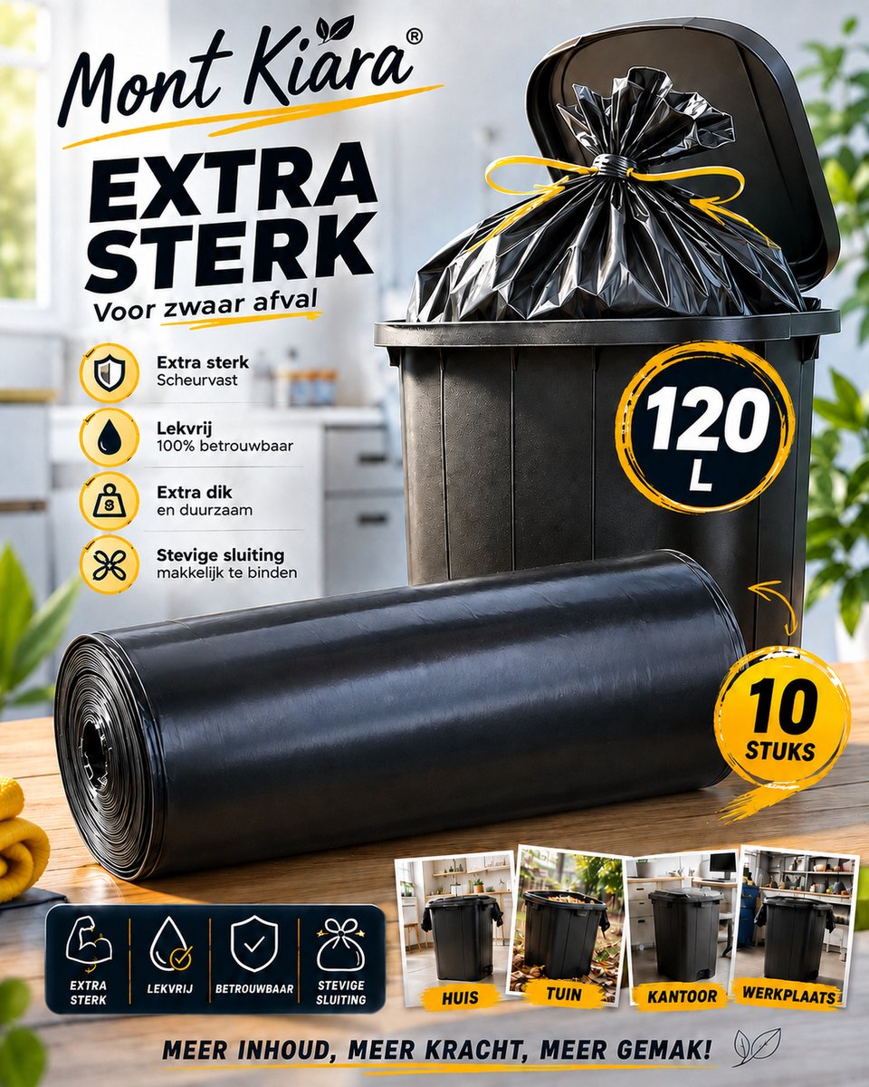 Mont Kiara Afvalzakken - 120 Liter - Extra Sterk - 10 Stuks - Zwart