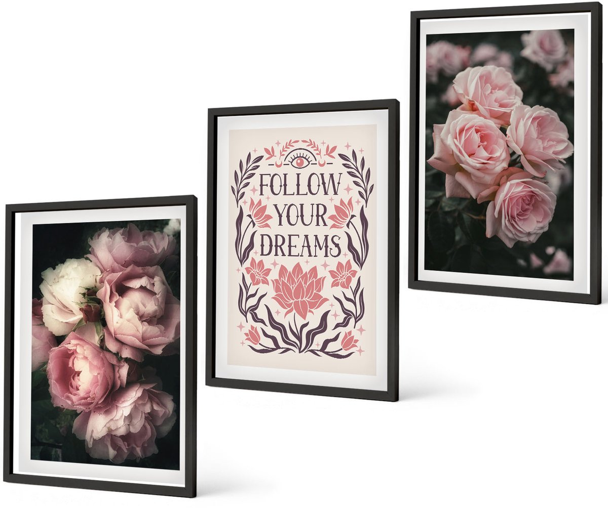 Coloray 3-Delige Schilderij Set - Vintage Rozen Met De Inscriptie 'Over Dromen'. - 40 x 60 cm - Wanddecoratie - Moderne Interieurdecoratie