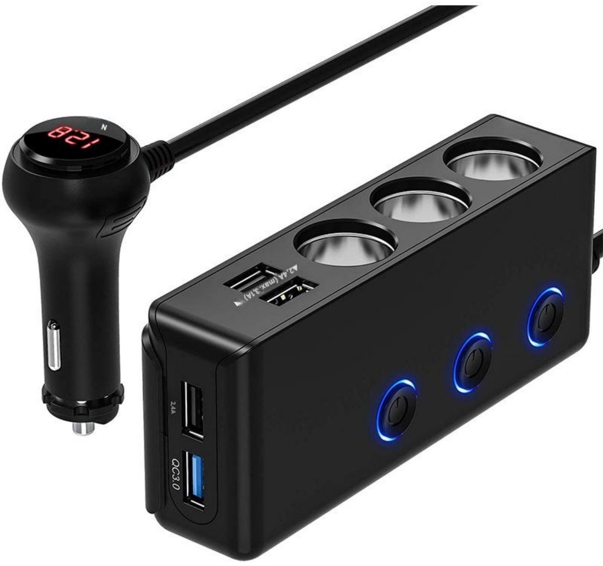 GELLDG Autocigarettenaansteker - Mobiele telefoon autoaccessoires - 3 DC-aansluitingen en 4 USB-poorten - 120W 12/24V adapter met schakelaar - Geschikt voor smartphones, GPS, dashcam en navigatie - Plastic behuizing - Afmetingen 13x5,8x3cm