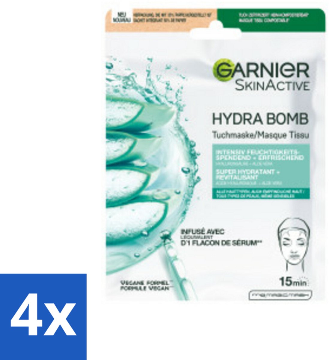 4 x Garnier - SkinActive - Hydrabomb Tissue Masker - Hyaluronzuur & Aloe Vera - Super Hydraterend - 1 Gezichtsmasker - Hydraterend Masker - Hyaluronzuur - Aloë Vera - Gezichtsmasker - Droge Huid