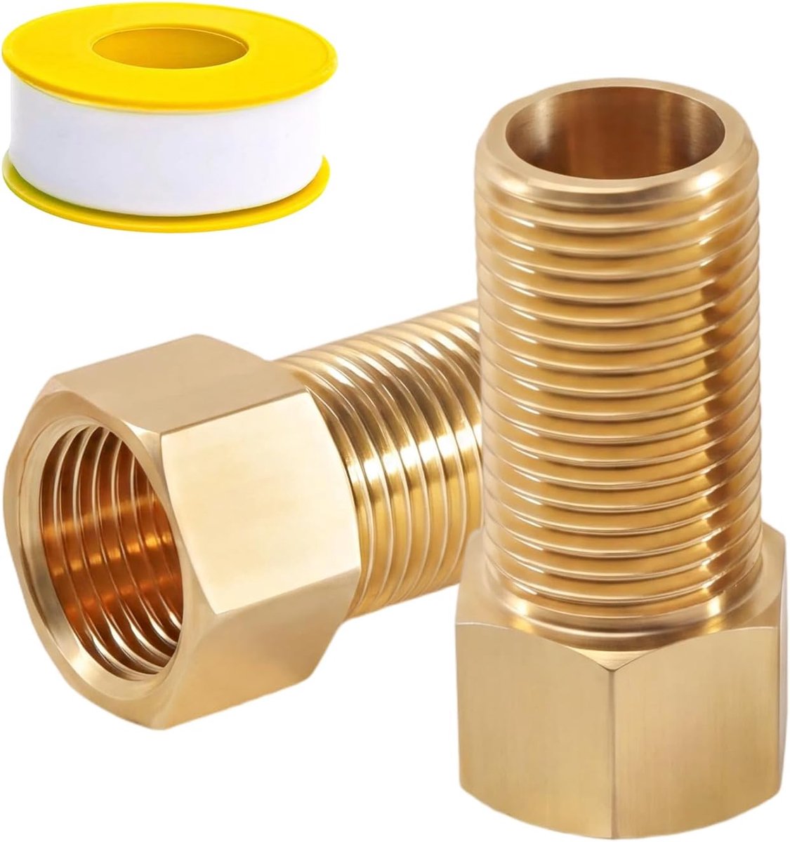 Messing buisschroefverbindingsverlenging 1/2 inch x 50 mm - DN15 verlengfitting - met 2 m afdichtband - ShopVlot