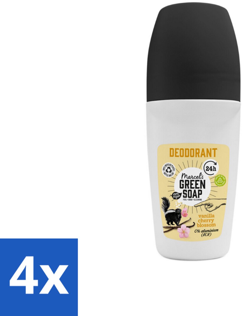 4 x Marcel's Green Soap - Deodorant Roller - Vanilla & Cherryblossom - Langdurige frisheid - 50 ml - Deodorant - Natuurlijke Deodorant - Vegan Deodorant - Aluminiumvrij Deodorant - Duurzame Deodorant