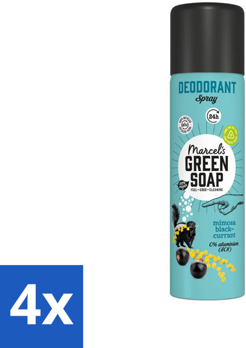 4 x Marcel's Green Soap - Deodorant Spray - Mimosa & Blackcurrant - Langdurige frisheid - 150 ml - Deodorant Spray - Natuurlijke Deodorant - Aluminiumvrije Deodorant - Vegan Deodorant - Milieuvriendelijke Deodorant