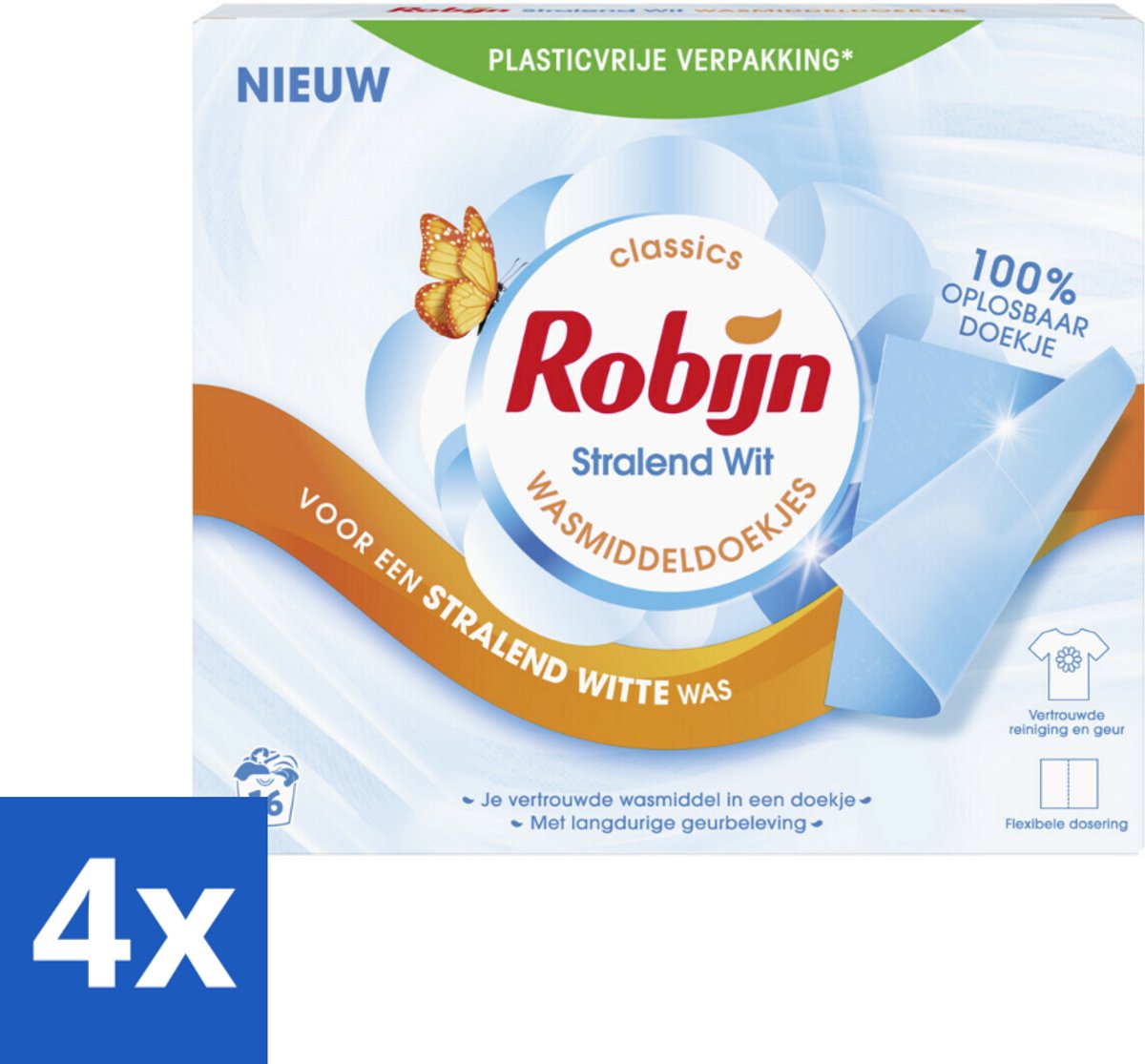 4 x Robijn Classics - Stralend Wit - Wasmiddeldoekjes - 16 Wasstrips - Wasmiddel - Wasstrips - Wasverzachter - Wasdoekjes - Stralend Wit
