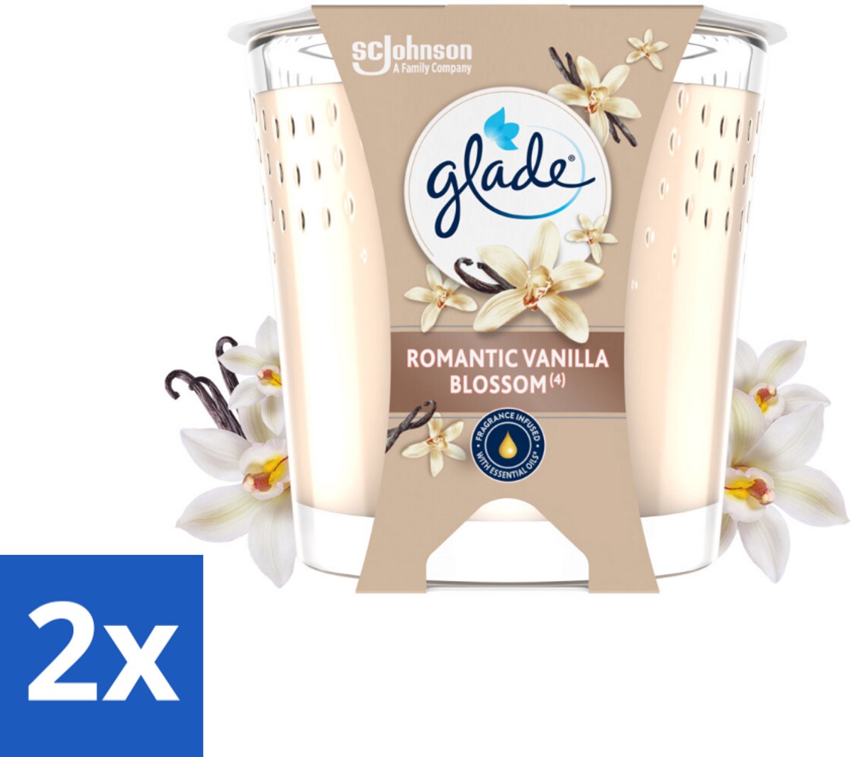2 x Glade - Geurkaars Romantic Vanillebloesem - 100% Raapzaadwas & Vegan - 112 g - Geurkaars - Vanille Geur - Amber Geur - Vegan Kaars - Biologische Kaars
