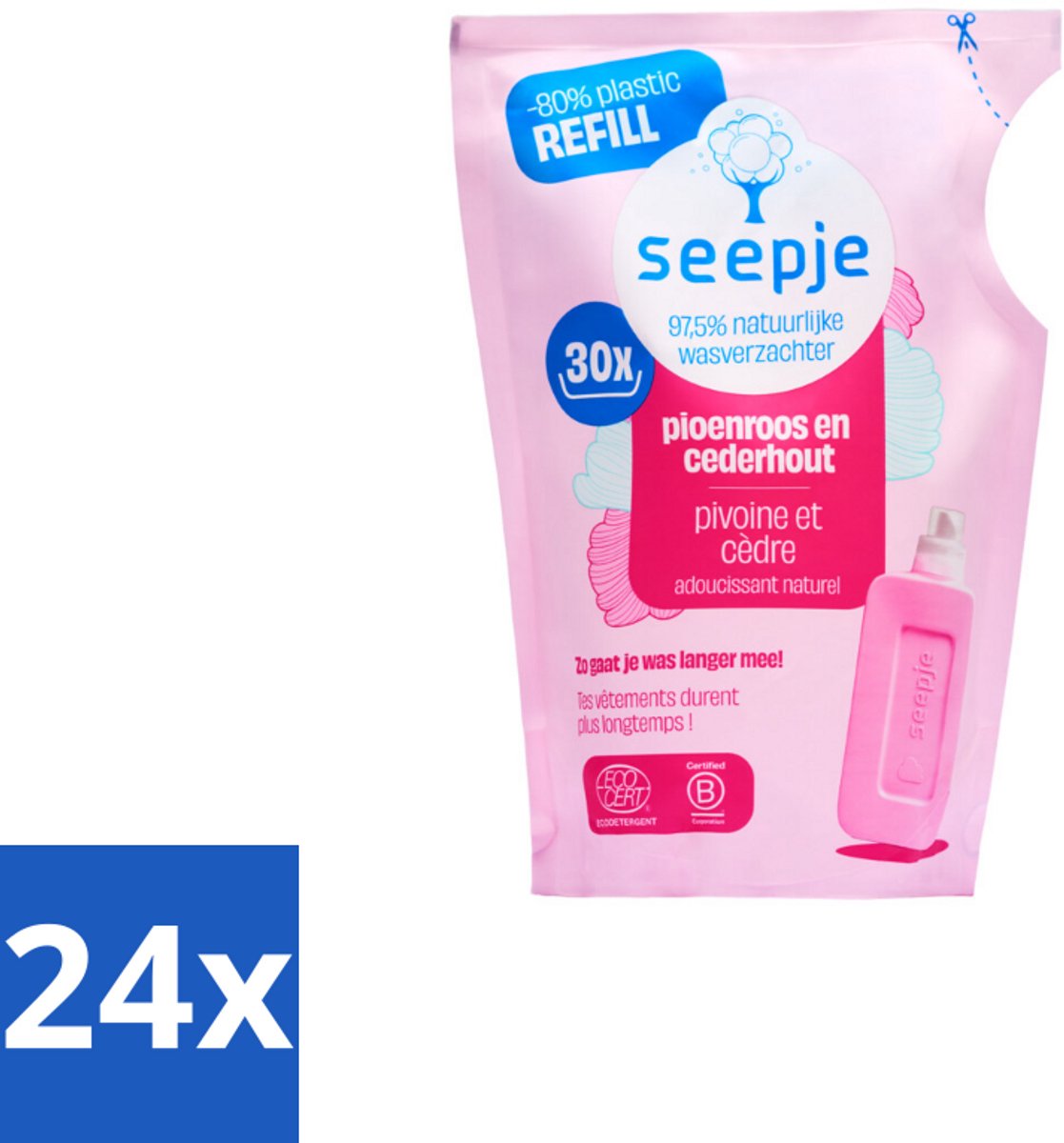 Seepje - Wasverzachter - Duurzaam & Frisse Geur - Navulling - Pioenroos en Cederhout - 30 Wasbeurten - 750 ml - Voordeelverpakking - 24 stuks