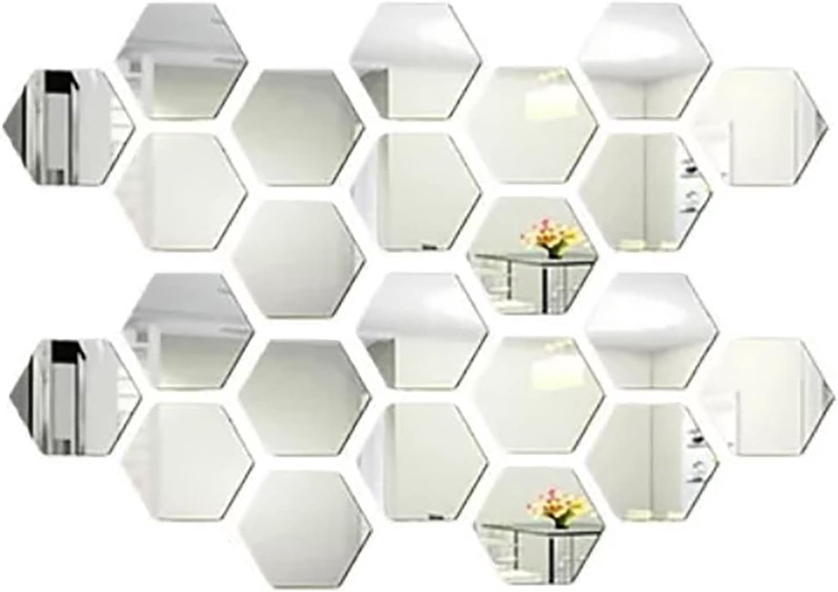 Spiegeltegels 24PCS Hexagon Wanddecoratie - Acryl Muurstickers - Reflectief en Verlichtend - ShopVlot