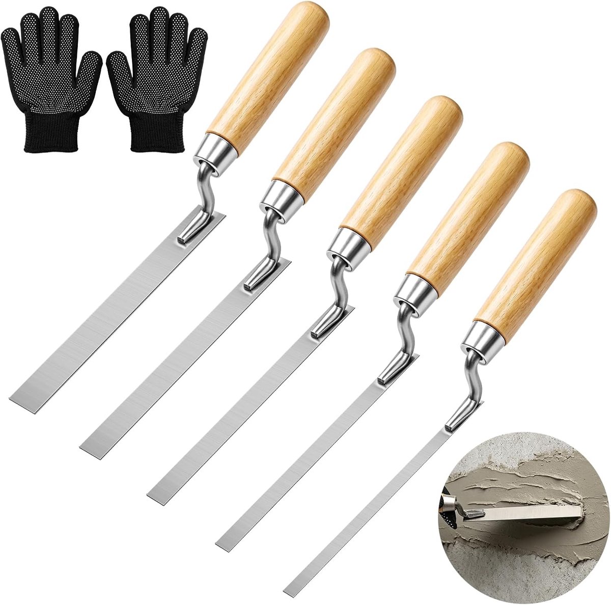 Voegentroffel set 5 stuks - koolstofstaal met houten handvat - verschillende maten - ideaal voor voegen en reparaties - ShopVlot