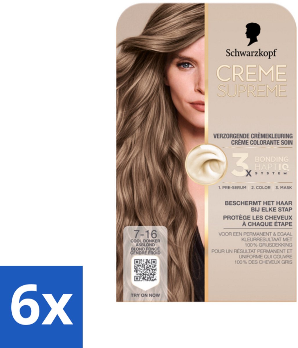 6 x Schwarzkopf - Haarkleuring - Creme Supreme 7-16 - Cool Donker Asblond - 245g - Asblond Haar - Permanente Haarkleur - Grijsdekking - Koele Blondtint - Haarkleur Verzorging