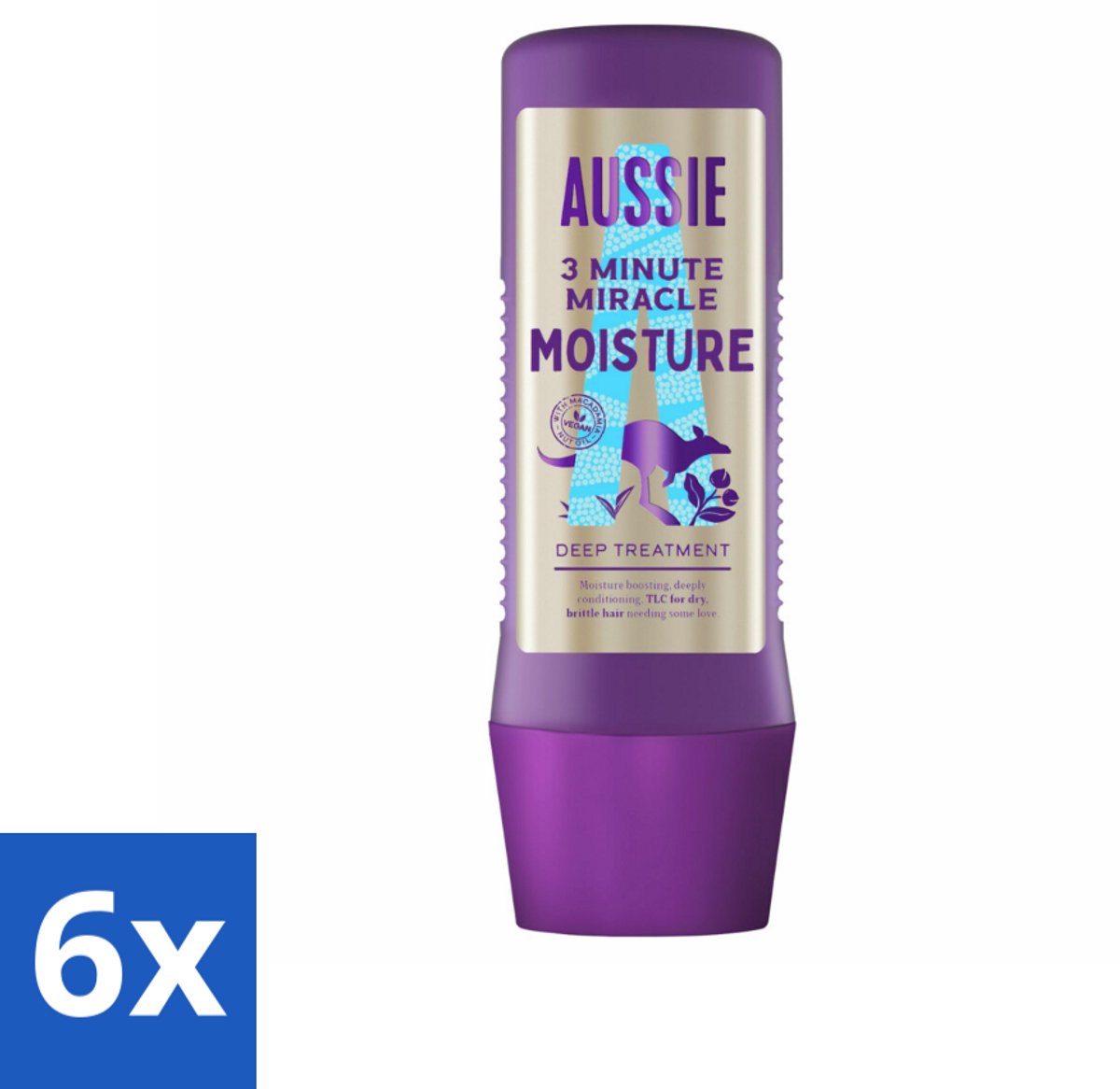 6 x Aussie - Haarmasker - 3 Minute Miracle Moisture - Intensief - Vegan Verzorging - 225 ml - Haar Masker - Haarmasker - Hydratatie Haar - Droog Haar - Breekbaar Haar