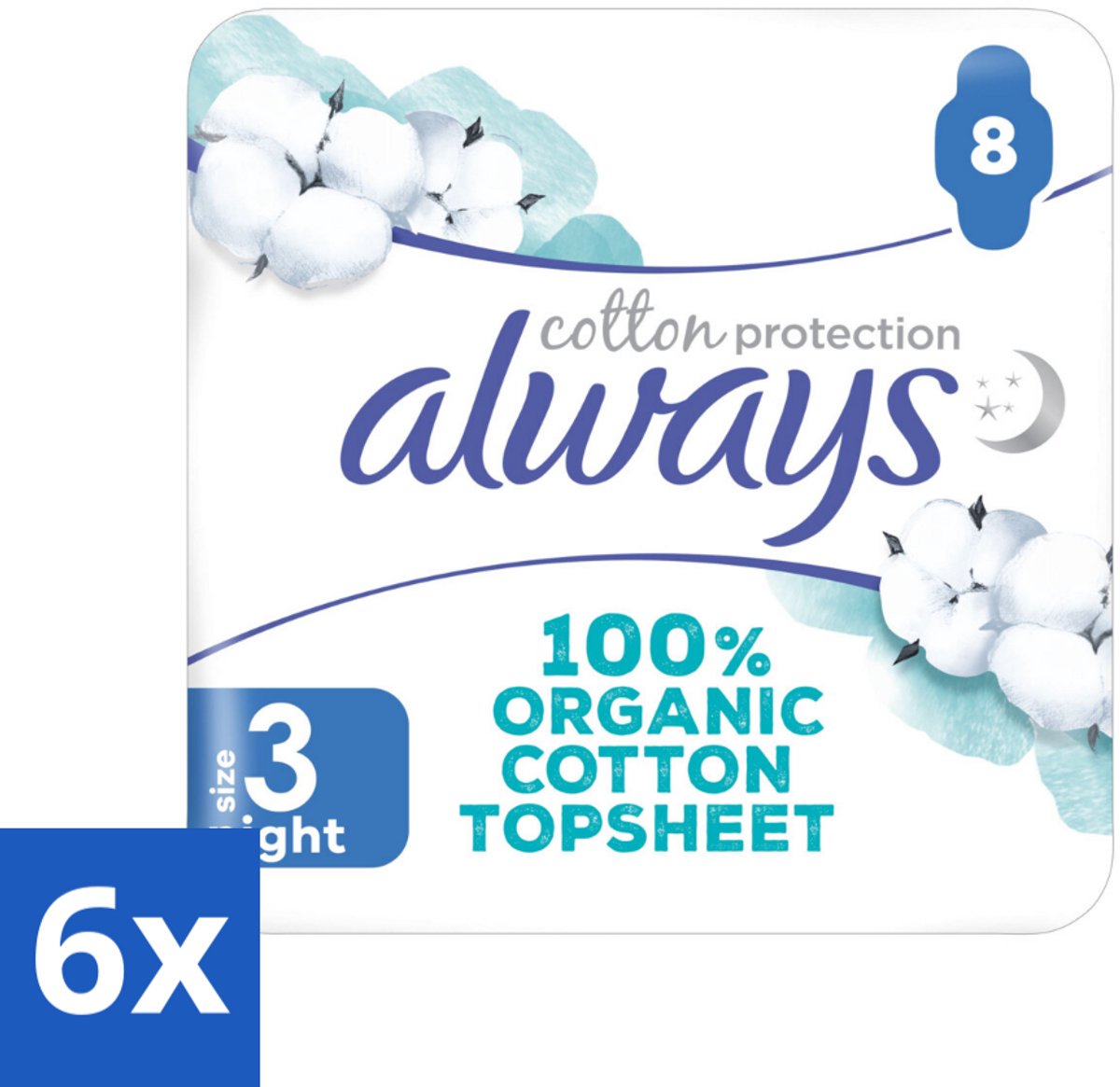 6 x Always - Maandverband - Night - Cotton Protection - Met Vleugels - 8 Maandverband - Nachtverband - Maandverband - Biologisch Katoen - Gevoelige Huid - Absorberend