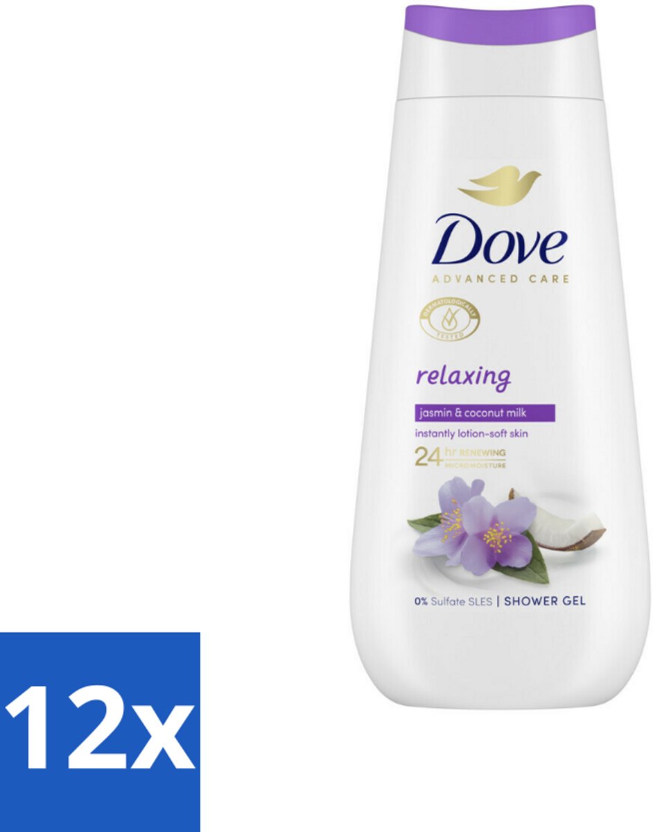 12 x Dove Douchecrème - Relaxing - Kokos & Jasmijn - 225 ml - Douchegel - Verzorgend - Hydraterend - Jasmijn - Kokosmelk