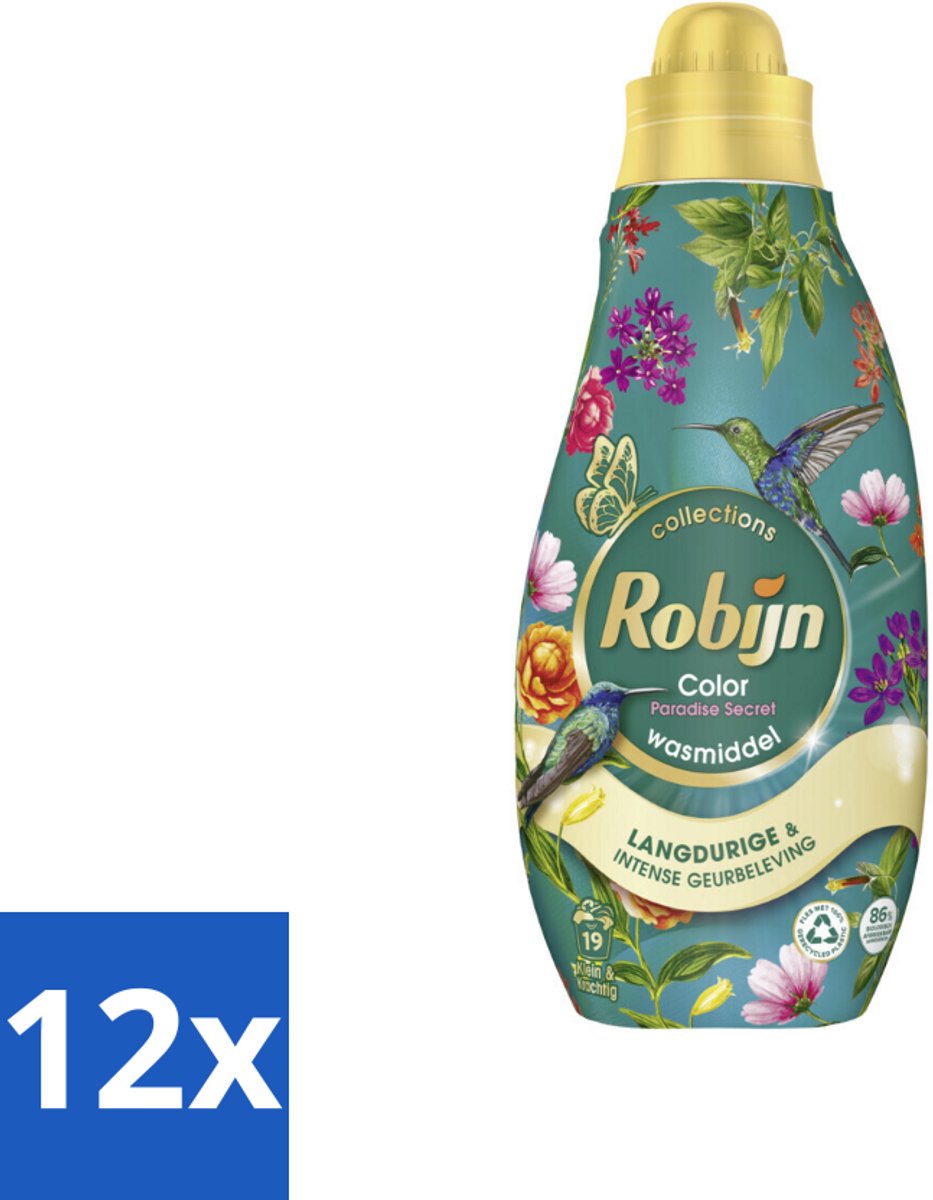 12 x Robijn - Klein & Krachtig Collections Color Paradise Secret - Vloeibaar Wasmiddel - 19 Wasbeurten - Wasmiddel - Kleurwas - Wasverzachter - Biologisch Afbreekbaar - Duurzaam