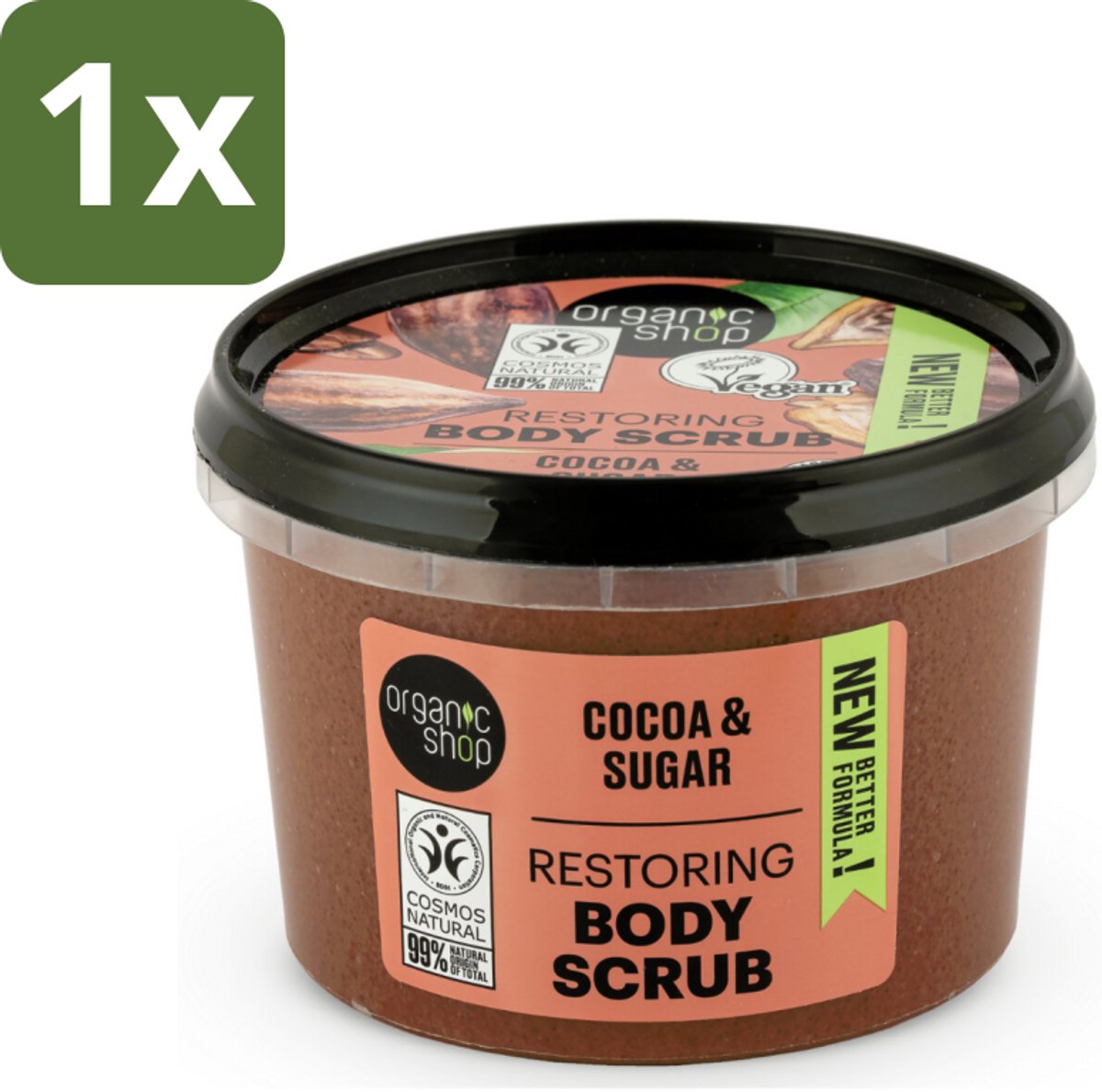 1 x Organic Shop - Body Scrub Cocoa - Rijke Hydratatie - 250 ml - Bodyscrub - Cacaoscrub - Exfoliatie - Huidverzorging - Natuurlijke Scrub