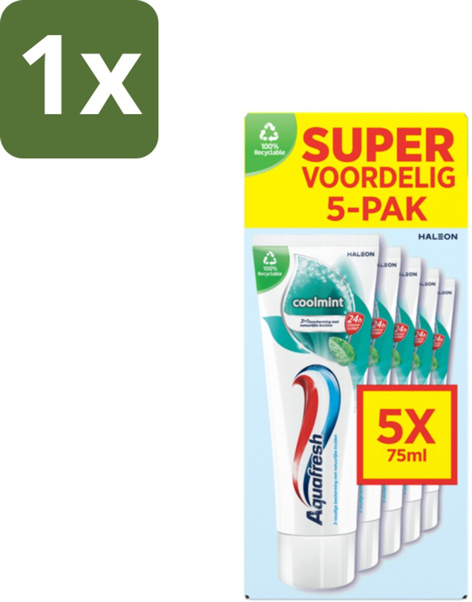 1 x Aquafresh Tandpasta Coolmint - Fris en Beschermend - Voordeelverpakking - 5 tubes - Tandpasta - Frisse Adem - Gaatjes - Tandplak - Fluoride