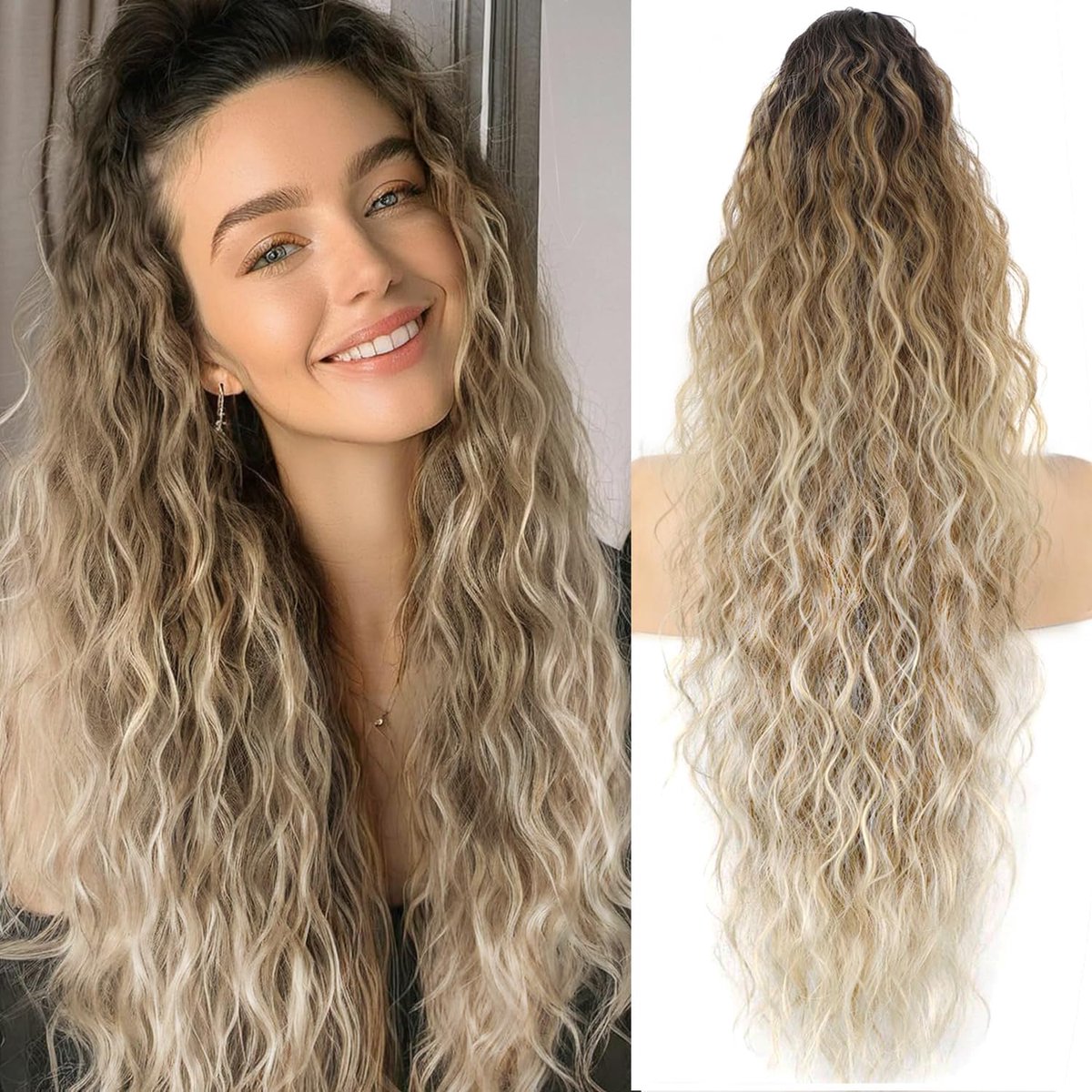 Ponytail Hair Extension 76 cm - Ombre Bruin - Lang Krullend - Voor Feestelijke Gelegenheden - ShopVlot