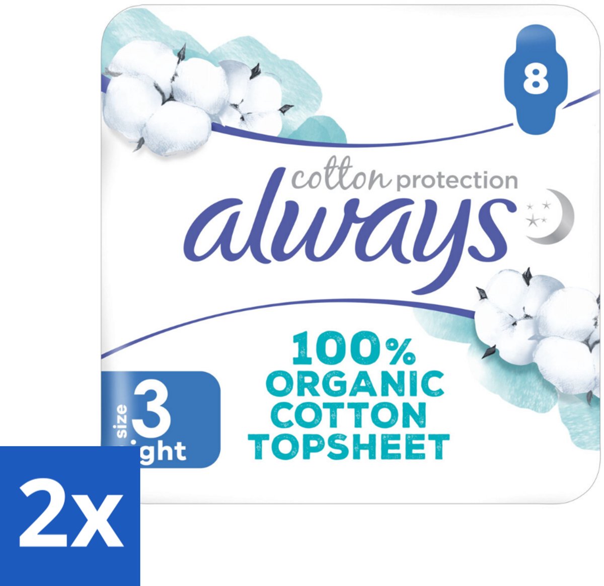 2 x Always - Maandverband - Night - Cotton Protection - Met Vleugels - 8 Maandverband - Nachtverband - Maandverband - Biologisch Katoen - Gevoelige Huid - Absorberend