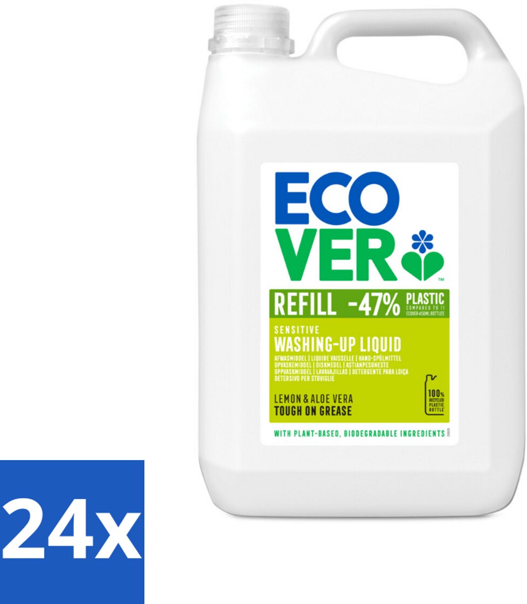 24 x Ecover - Afwasmiddel - Citroen & Aloë Vera - 5 liter - Afwasmiddel - Citroen - Aloë Vera - Biologisch Afbreekbaar - Plantaardige Ingrediënten
