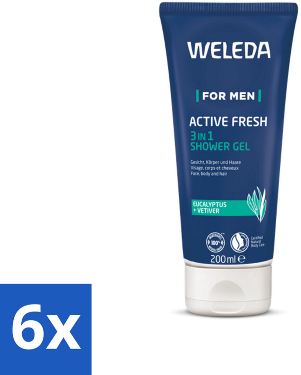 6 x WELEDA - Douchegel 3‑in‑1 Active Fresh Men - 200 ml - Douchegel - Mannen - 3-in-1 - Natuurlijke - Eucalyptus