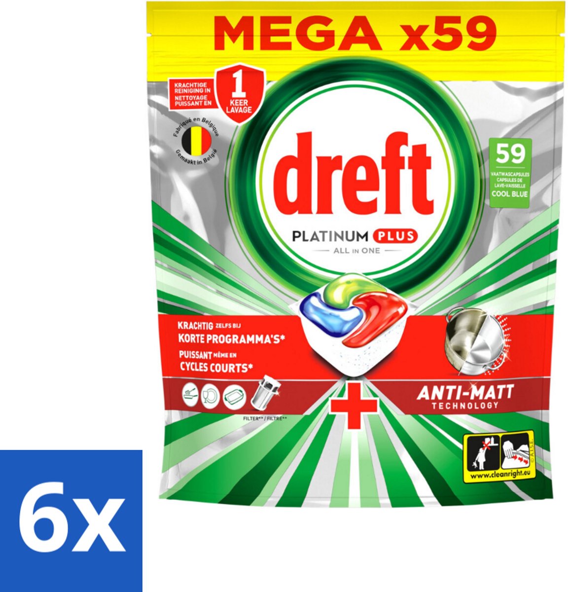 6 x Dreft - Vaatwastabletten - Platinum Plus All-in-One - Efficiënt schoon - 59 Tabletten - Vaatwascapsules - Vaatwasser Capsules - Glans - Anti-dofheid - Vaat Schoonmaken