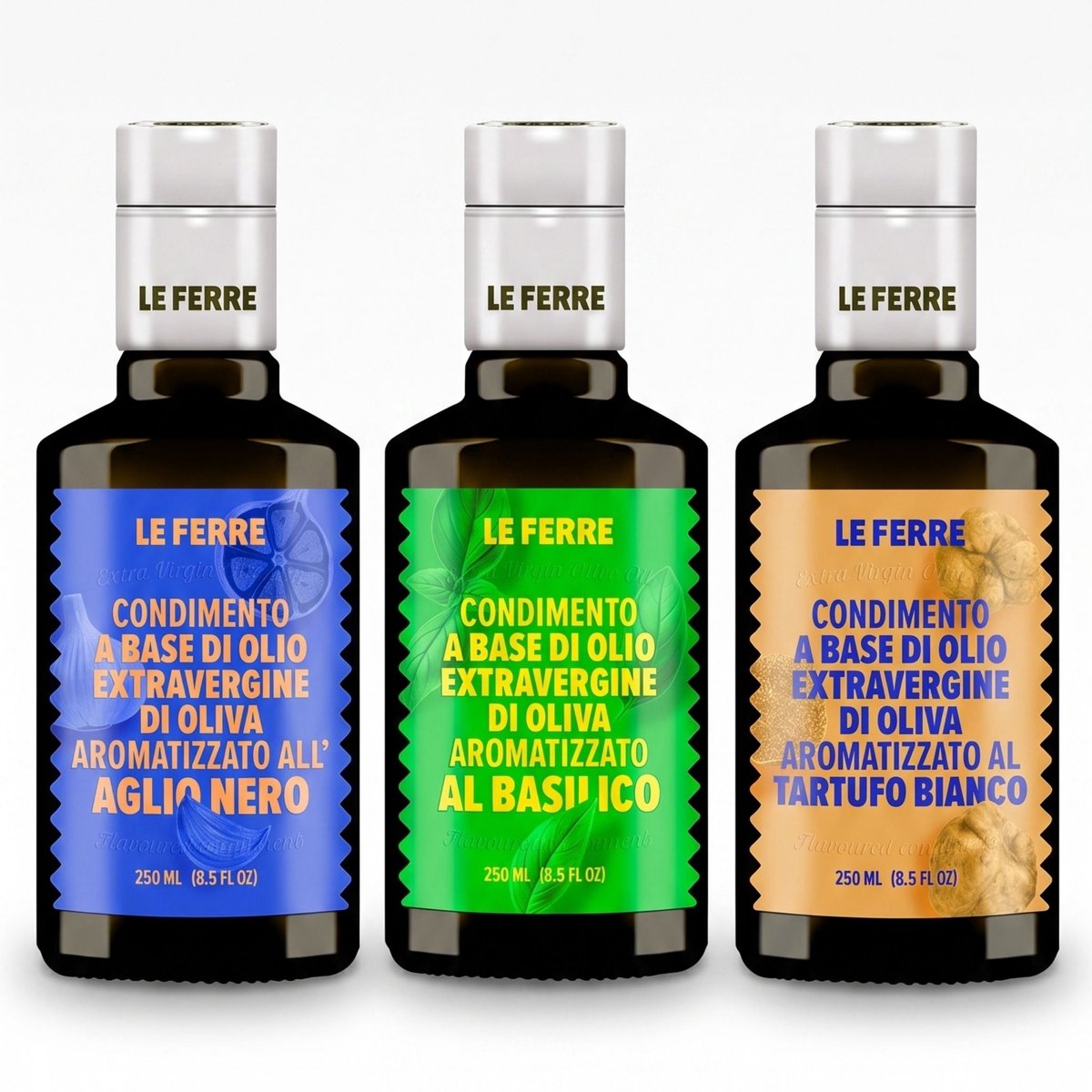 Le Ferre - Italiaanse Olijfolie Culinair Trio Set (3x 250 ml) – Truffel, Knoflook & Basilicum – Premium Extra Vierge Infusies – Luxe Cadeauset voor Pasta, Pizza & Salade