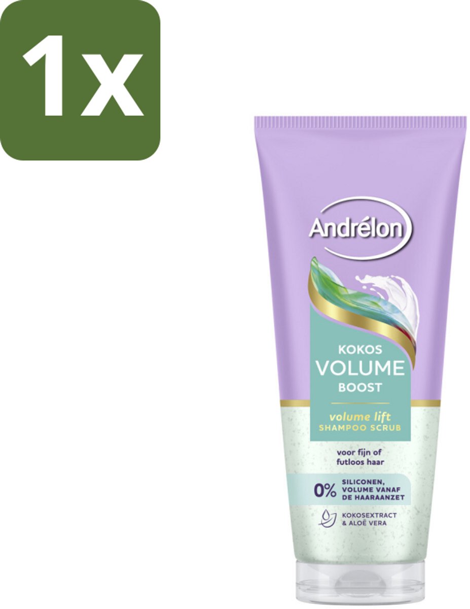 1 x Andrélon – Shampoo Scrub – Kokos Volume Boost – 200 ml - Volume Shampoo - Kokos Volume Boost - Exfolierende Shampoo - Fris Haar - Fijn Haar