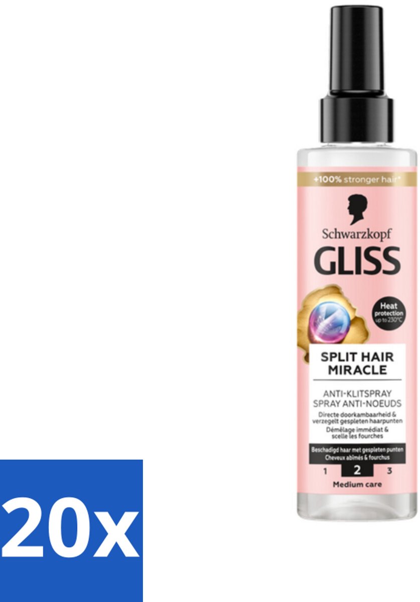 20 x Gliss - Split End Anti-Klit Spray - Tegen Gespleten Haarpunten - 200 ml - Gespleten Haarpunten - Anti Klit Spray - Haar Bescherming - Haar Herstel - Haar Ontwarring