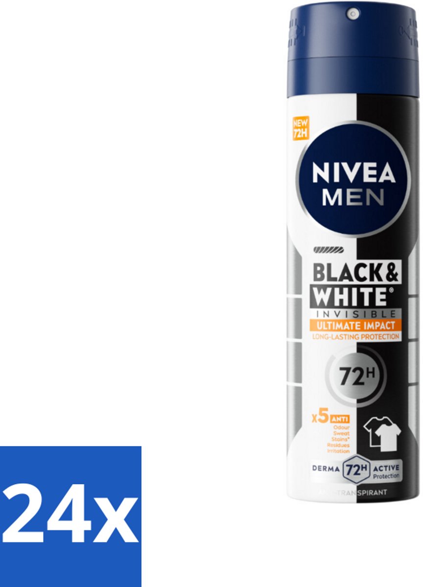 24 x NIVEA MEN - Deodorant Spray - Black & White Ultimate Impact - 150 ml - Anti-transpirant - Deodorant - Vlekkenvoorkomend - Kledingbescherming - Zweetbescherming