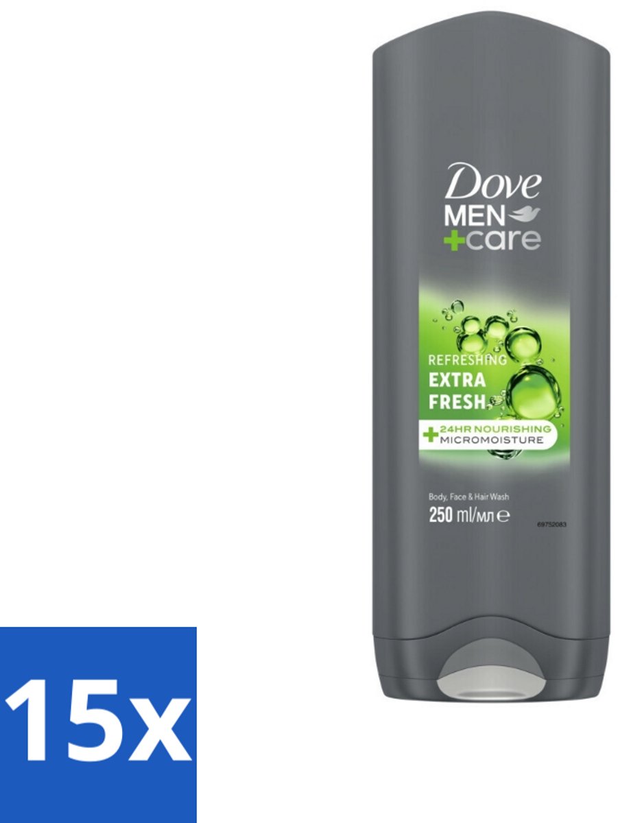 15 x Dove Men+Care Douchegel - Extra Fresh - 250 ml - Douchegel Mannen - Frisheid Huid - Huidverzorging Mannen - MICROMOISTURE Technologie - Douchegel Extra Fresh