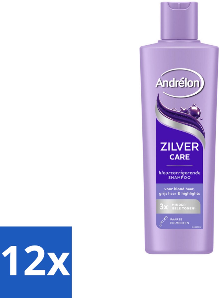 12 x Andrélon – Shampoo – Zilver Care – 250 ml - Zilver Care Shampoo - Koele Haarkleur - Kleurcorrectie - Gele Tonen - Koperkleurige Tonen