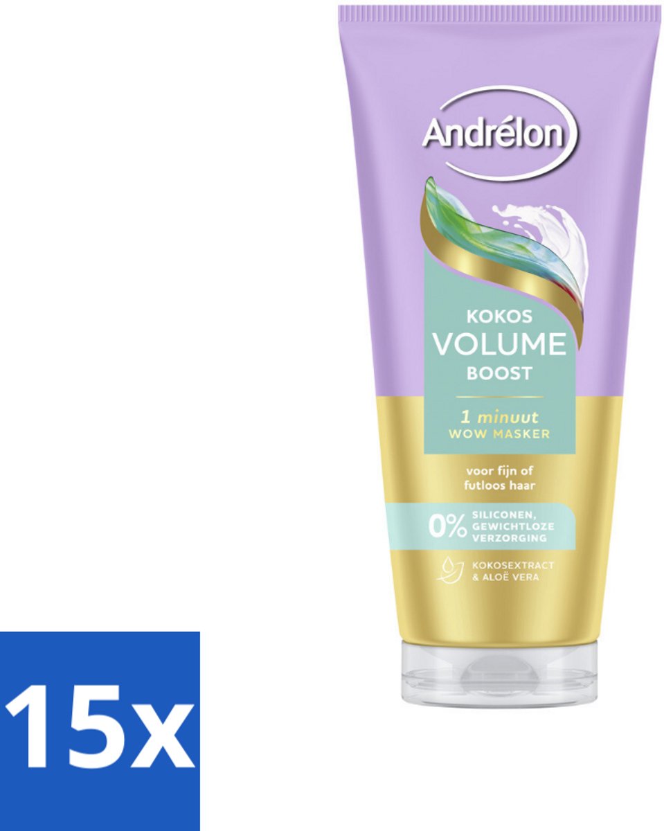 15 x Andrélon – Haarmasker WOW – Kokos Volume Boost – 180 ml - Haarmasker - Volume Boost - Kokos Volume - Fijn Haar - Futloos Haar