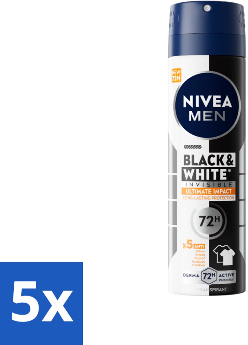5 x NIVEA MEN - Deodorant Spray - Black & White Ultimate Impact - 150 ml - Anti-transpirant Spray - Anti-vlekken - Zweetbescherming - Kledingbescherming - Deodorant Spray
