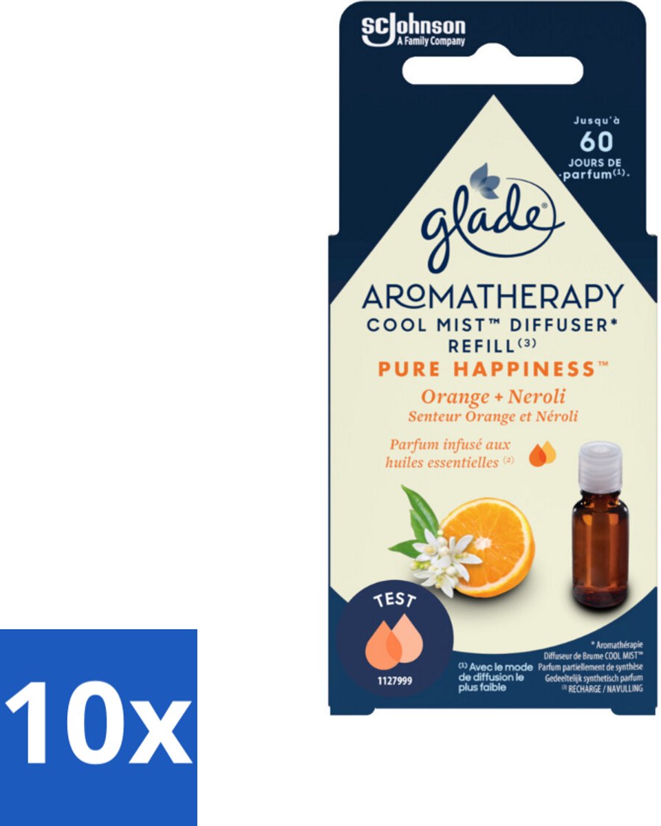 10 x Glade - Mistnavulling Pure Happiness - Aromatherapie - 17,4 ml - Aromatherapie - Geurverspreiding - Mistnavulling - Sinaasappelolie - Neroliolie