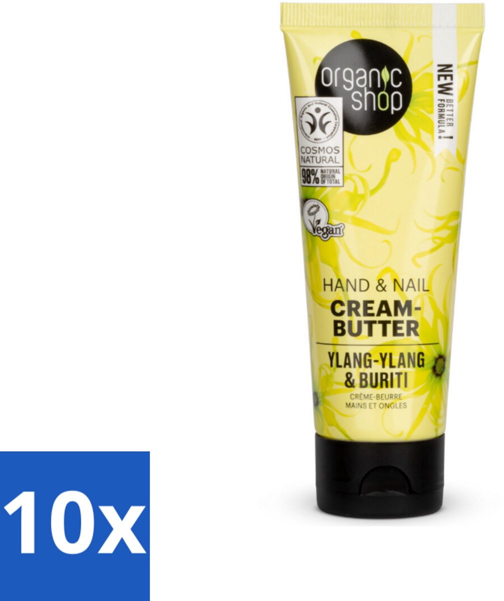 10 x Organic Shop - Ylang-Ylang & Buriti Hand & Nail Cream - Verzachtend en Herstellend - 75 ml - Handcrème - Nagelcrème - Ylang-ylang - Buriti Olie - Natuurlijke Handverzorging