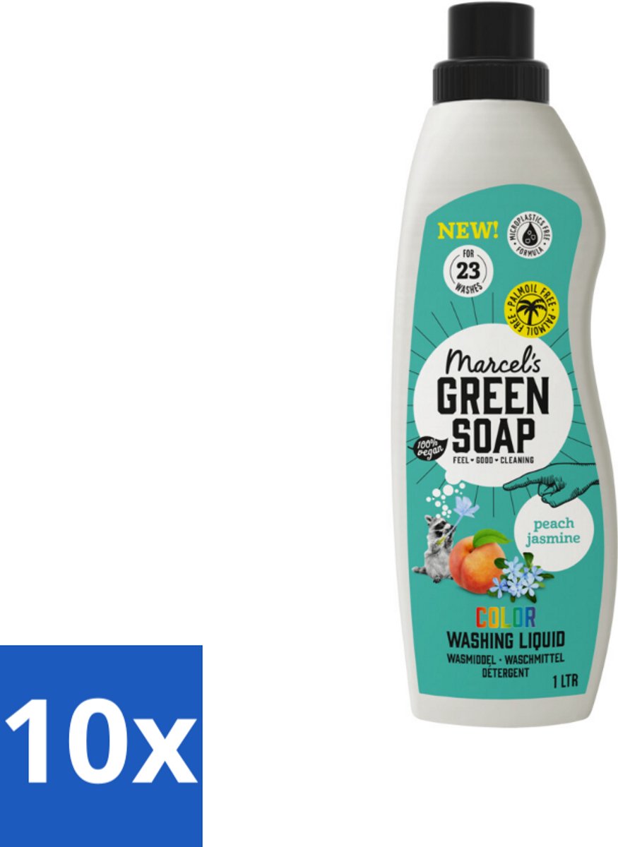 10 x Marcel's Green Soap - Vloeibaar Wasmiddel - Kleur - Perzik & Jasmijn - Effectief & natuurlijk - 23 Wasbeurten - 1 liter - Wasmiddel Perzik En Jasmijn - Geur Perzik En Jasmijn - Geur Fruitig - Kleur Perzik En Jasmijn - Duurzaam Wasmiddel