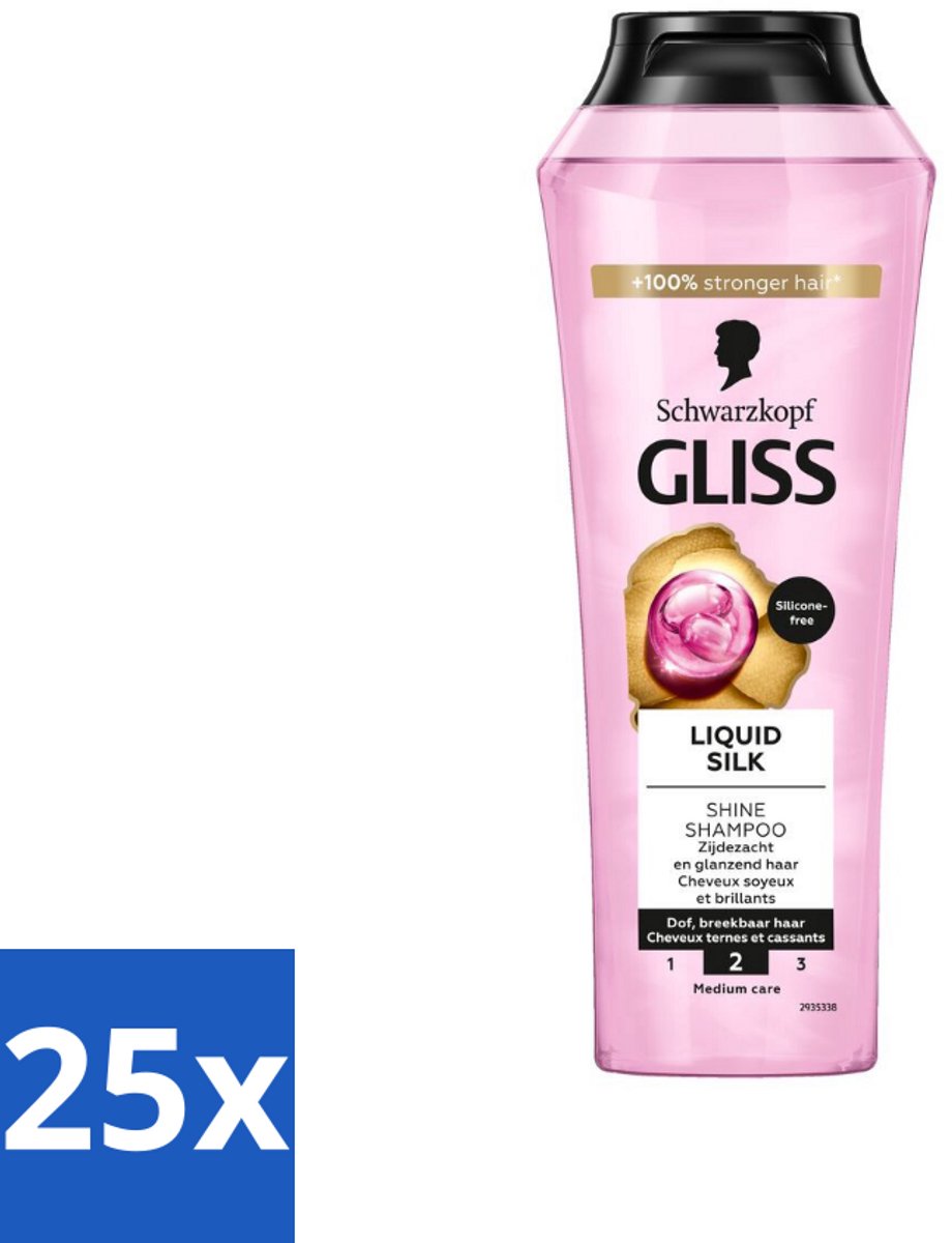 25 x Gliss - Shampoo - Liquid Silk - Voor Glanzend en Zijdezacht Haar - 250 ml - Glanshaar - Zijdezacht Haar - Siliconenvrije Shampoo - Natuurlijke Ingrediënten - Droog Haar