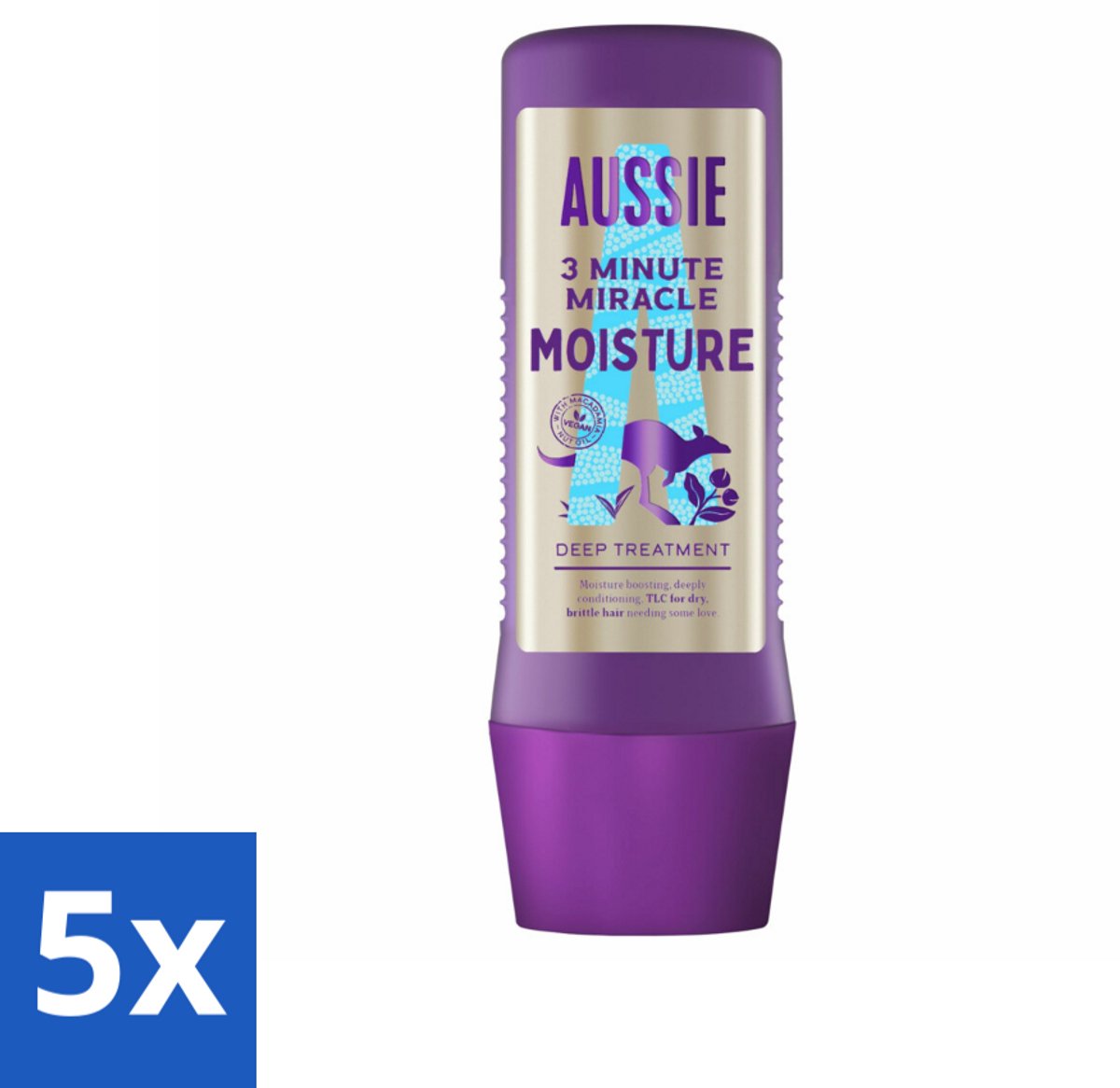 5 x Aussie - Haarmasker - 3 Minute Miracle Moisture - Intensief - Vegan Verzorging - 225 ml - Haarmasker - Hydratatie - Droog Haar - Vegan - Australische Macadamianootolie