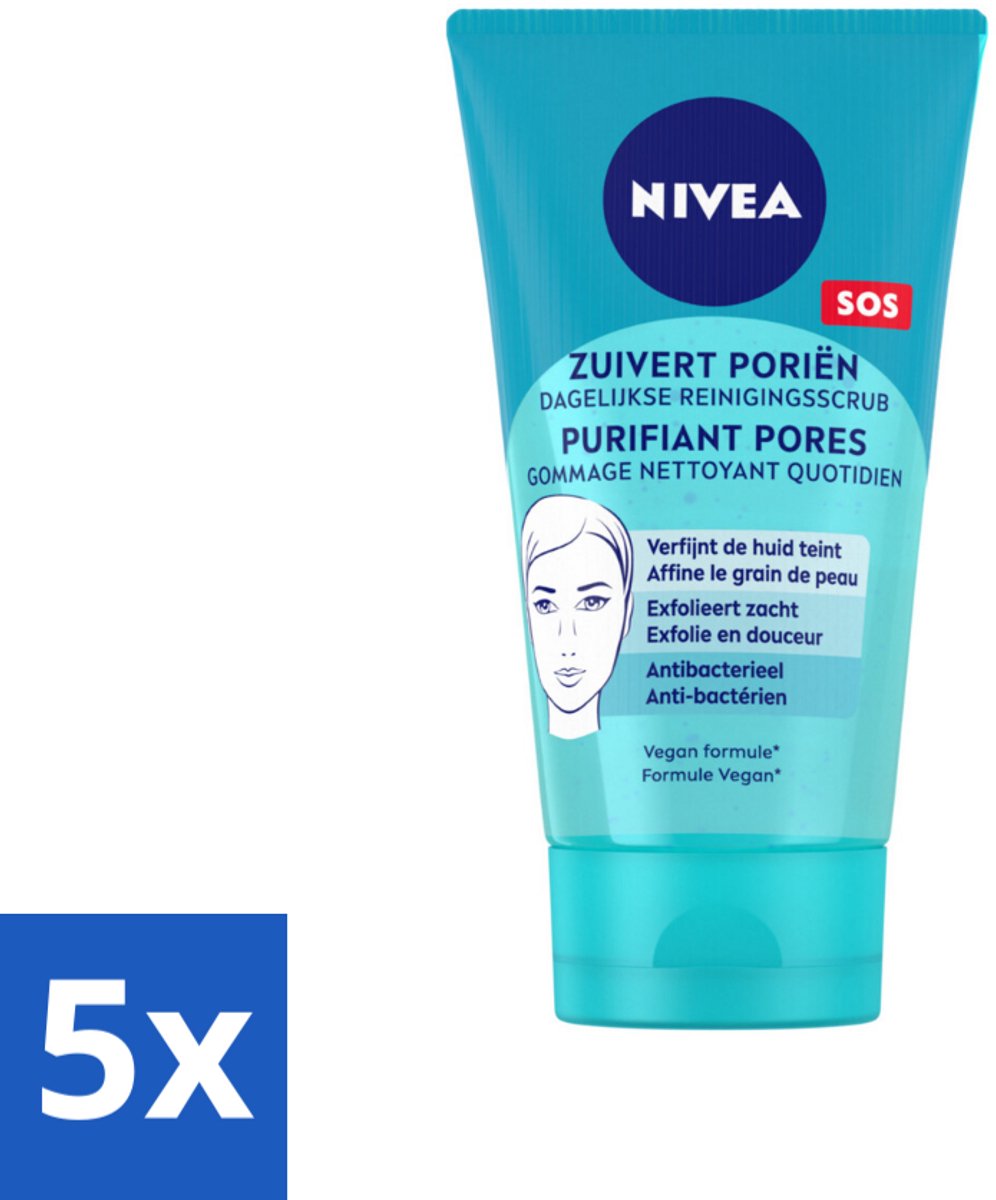 5 x NIVEA - Reinigingsscrub - Essentials Dagelijkse Scrub - Voor onzuivere huid - Met Melkzuur & Magnolia-extract - 150 ml - Gezichtsreiniging - Huidscrub - Melkzuur Scrub - Magnolia Extract - Onzuivere Huid