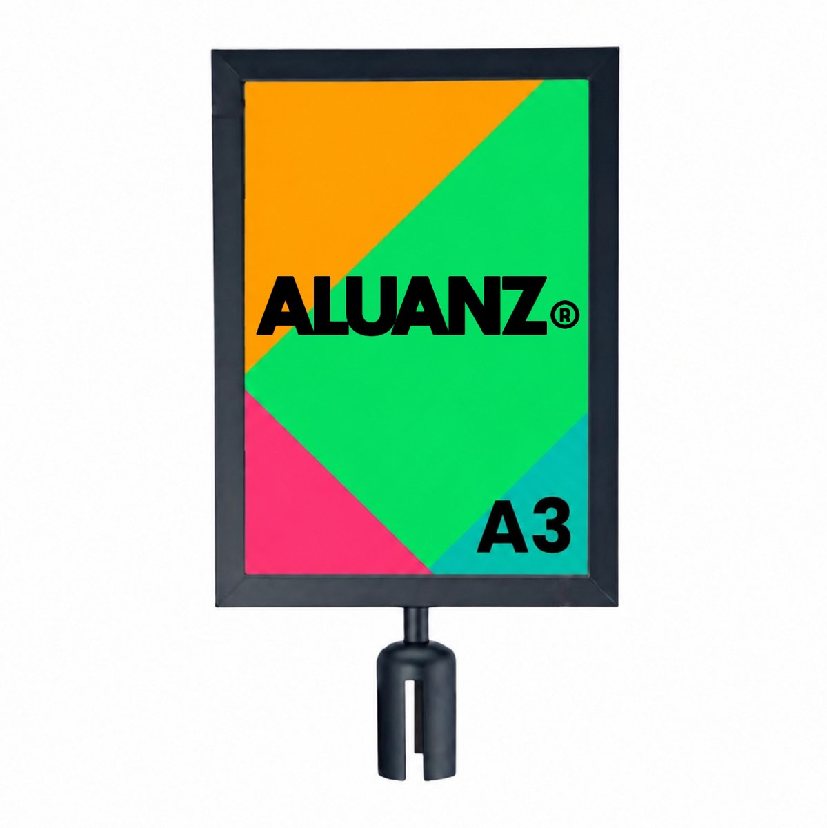 A3 Posterframe Portret / Staand voor Afzetpaal met Uittreklint | Infobord / Insteekframe | Zwart Staal | Plexiglas