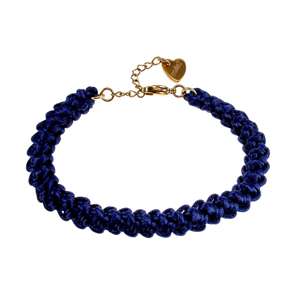 Gehaakte Damesarmband van Donkerblauwe Satijnachtig Nylonkoord, RVS Verguld, Handgemaakt door esde2 - Verstelbaar 15 tot 18 cm