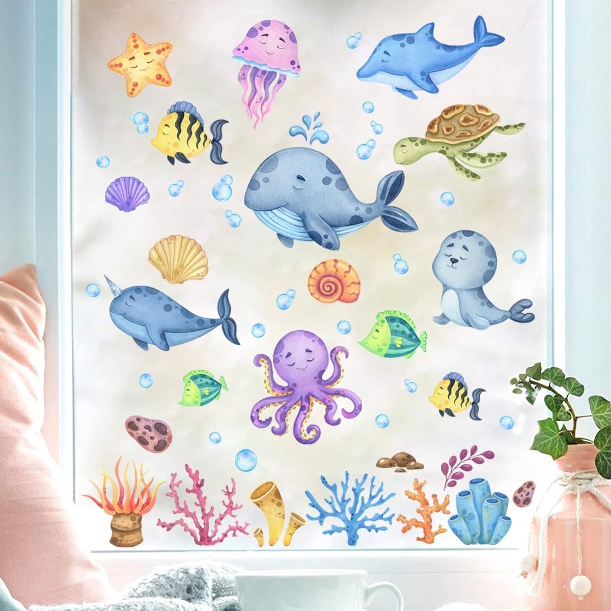 Wandstickers - 59 Stuks - Zelfklevende Vensterstickers - Onderwaterwereld voor Kinderen - Badkamerdecoratie - ShopVlot