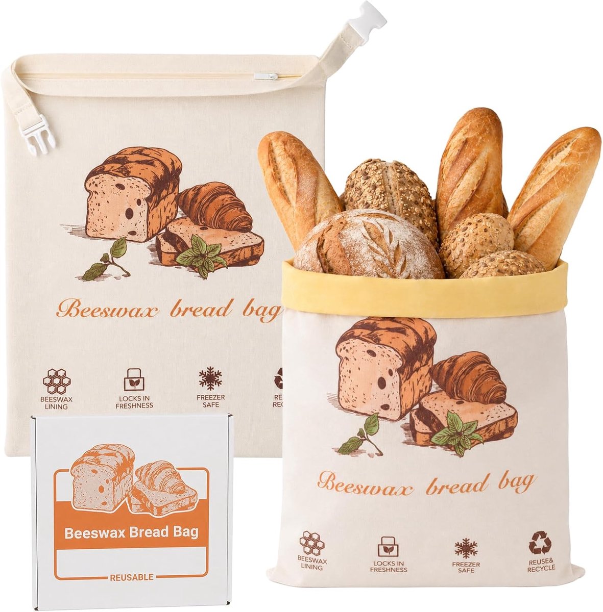 Broodzakken 2 stuks - Bijenwas gecoat - Linnen 40 x 30 cm - Herbruikbaar voor versgebakken brood - ShopVlot