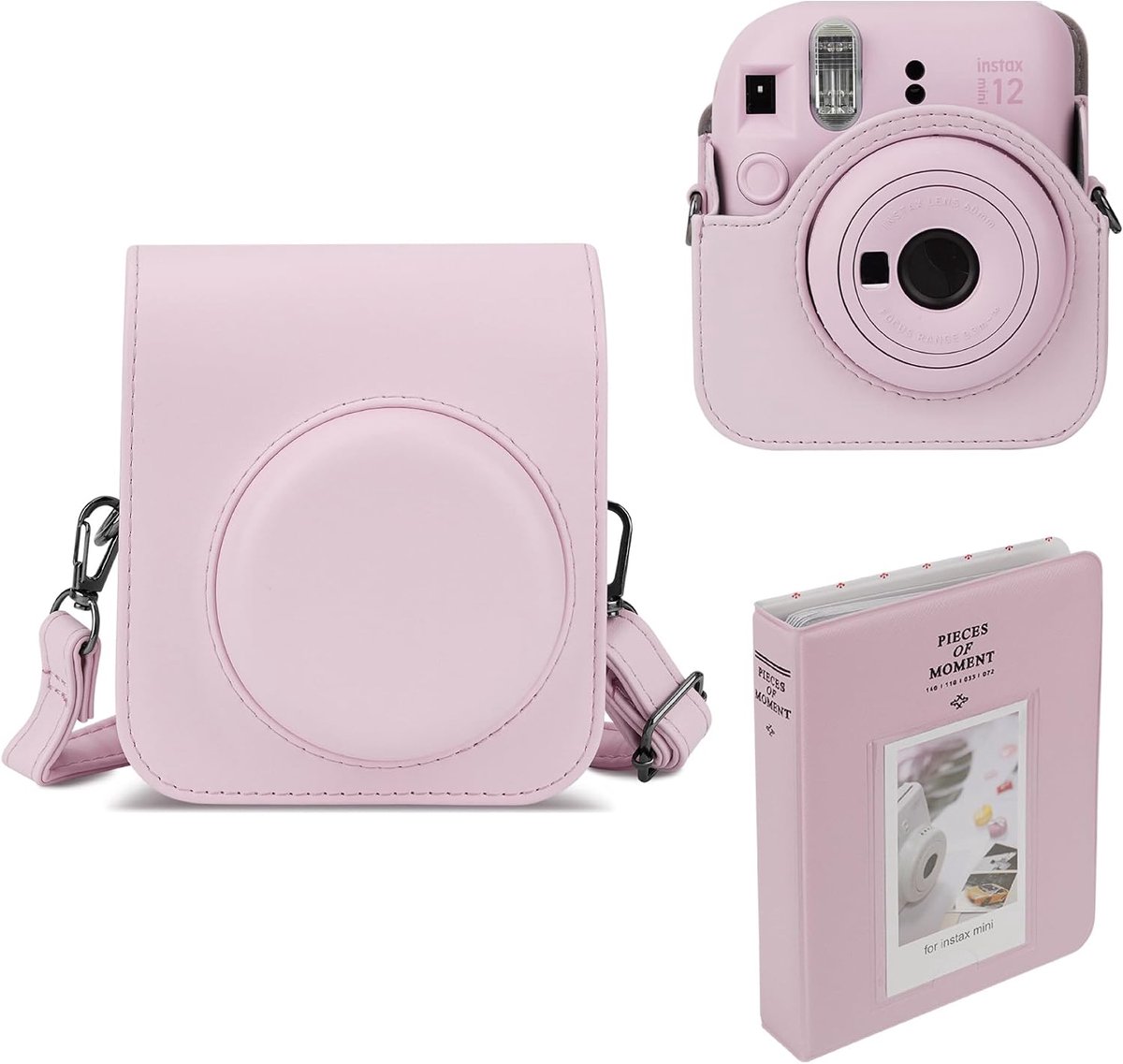 Camera case met 64 compartimenten - PU leer - roze - perfecte bescherming voor Fujifilm Instax Mini 12 - ShopVlot