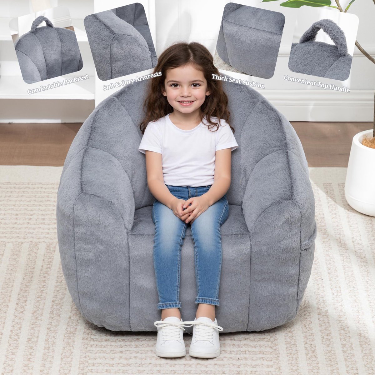 MINCETA Zitzak stoel voor kinderen, kleine zitzak sofa stoelen met vulmiddel, donkergrijze comfortabele zitzak stoel - ShopVlot